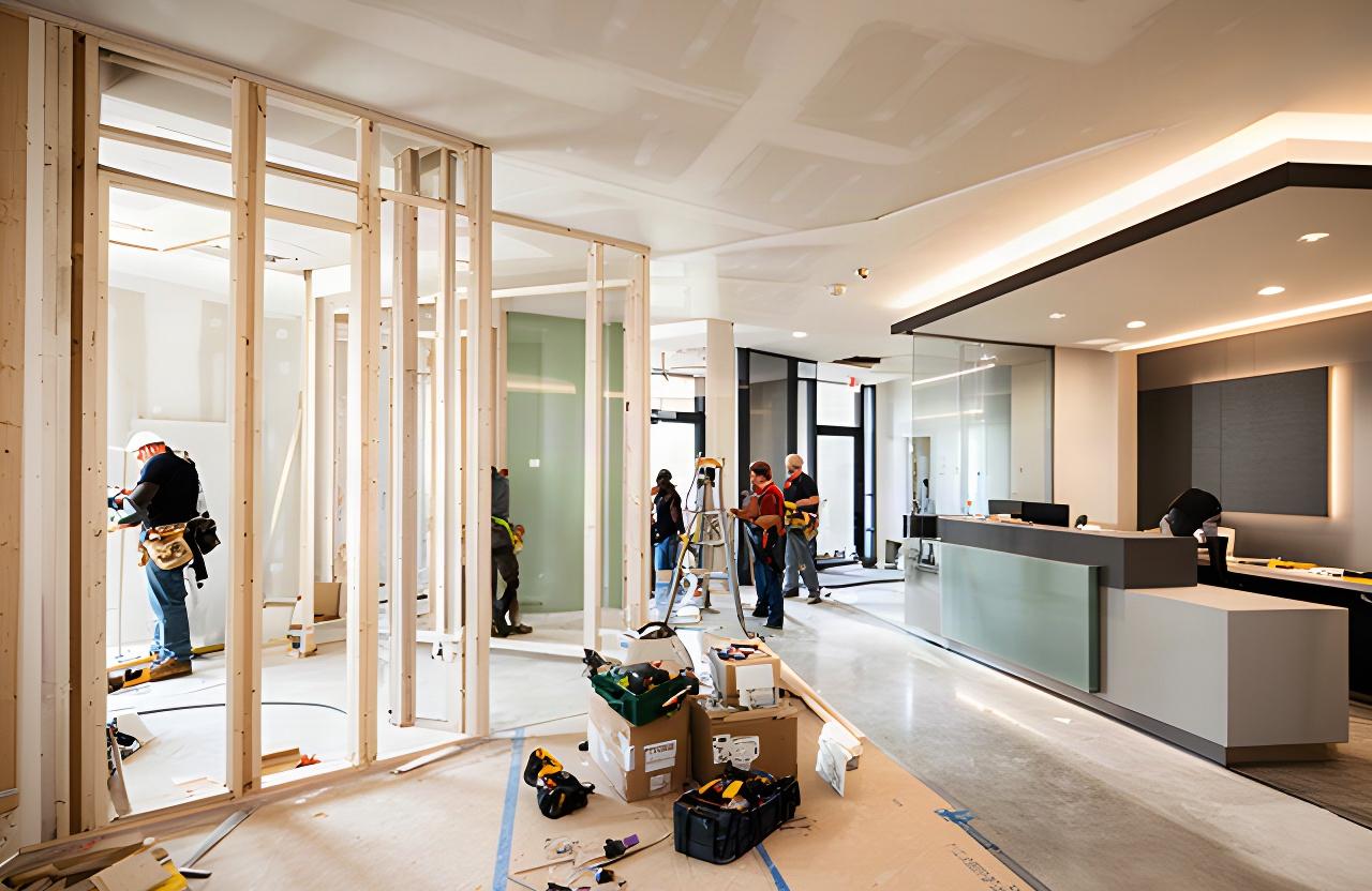 Commercial interior build-out in progress, with trades working around a newly framed office and finished reception area